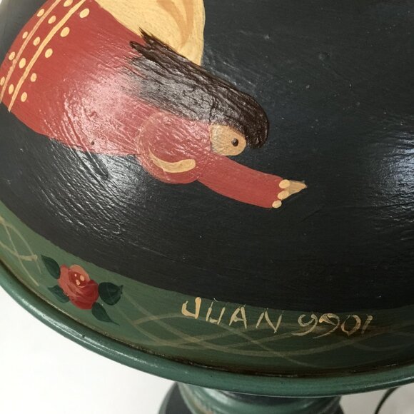 VTG Hand Painted Folk Art Angel Shade Electric Table Lamp Signed Joan Schneier - Picture 3 of 10